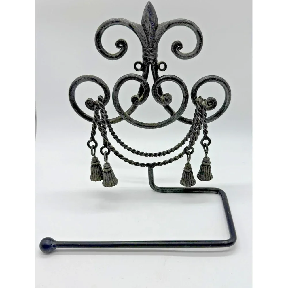 Decorative Metal Scroll Toilet Paper Holder Fleur De Lis Tassel Wall Mount